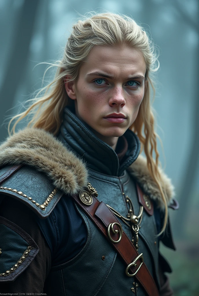 Boy around 18, ((( blue + black outfit) Norse warriors clothes,long blond hair, detailed face, detailed blue beautiful eyes, traditional Norse outfit(intricate:1.3), (arcane aura:1.2), (dreamlike:1.3), (subtle mist:1.1),(vibrant colors:1.2), (detailed hair:1.3), (ultra realistic details:1.5)