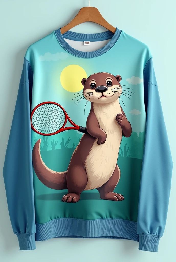 Design me a blue sleeveless sweater that has a gradient and an otter playing tennis