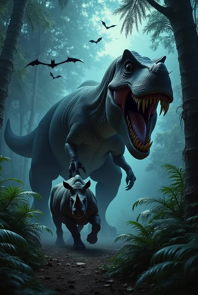 frightful Tiranossauro Rex perseguindo um rinoceronte na floresta africana de noite. Bats flying. Terror. frightful. fear.