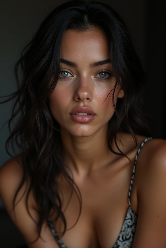 Woman with rounded forehead, thick upper lip, drooping cheekbones, sunken cheeks, face with relaxed tits, inverted nipples, dark skin, Latina, age 22, fine hair