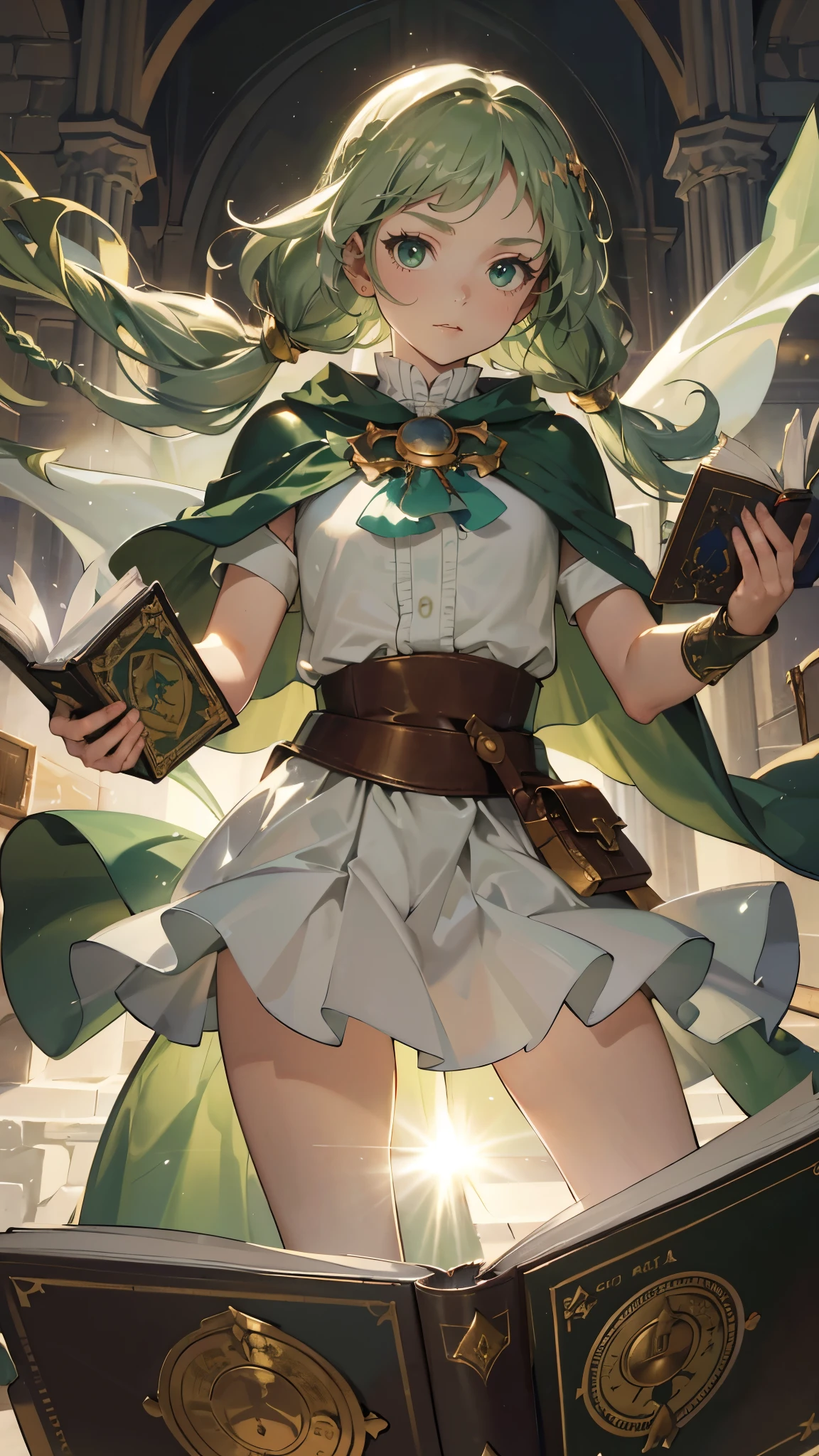 masterpiece, ultra detailed, 8k portrait, RAW photo, portrait photography, highly detailed face, beautiful and meticulous eyes, ((Fantasy)), Young beautiful, , (((drooping eyes))), dynamic pose, (((short wavy light green hair))), ((braided twin tail)), parted bangs, White skin color, Luxury, (((white tunic and skirt))), (((green cape))), (((golden brooch))), (((little waist hip pouch))), high cut leather boots, ((holding magic book)), Midday Sun, hyper realistic, slender body, flat chest, Long legs, in the medieval magic classroom, Ambient lighting, Shadow details , Camera focus on face, strong breeze, Light fog