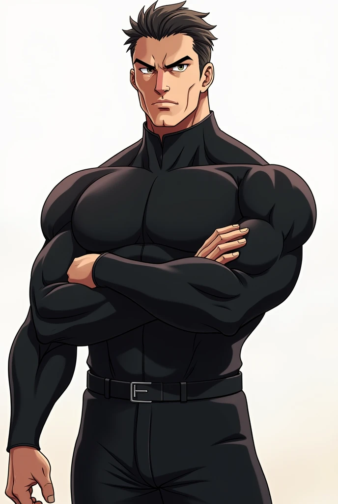 Black hair, brown eyes, strong build, 40 years old, black uniform, anime, clear lighting