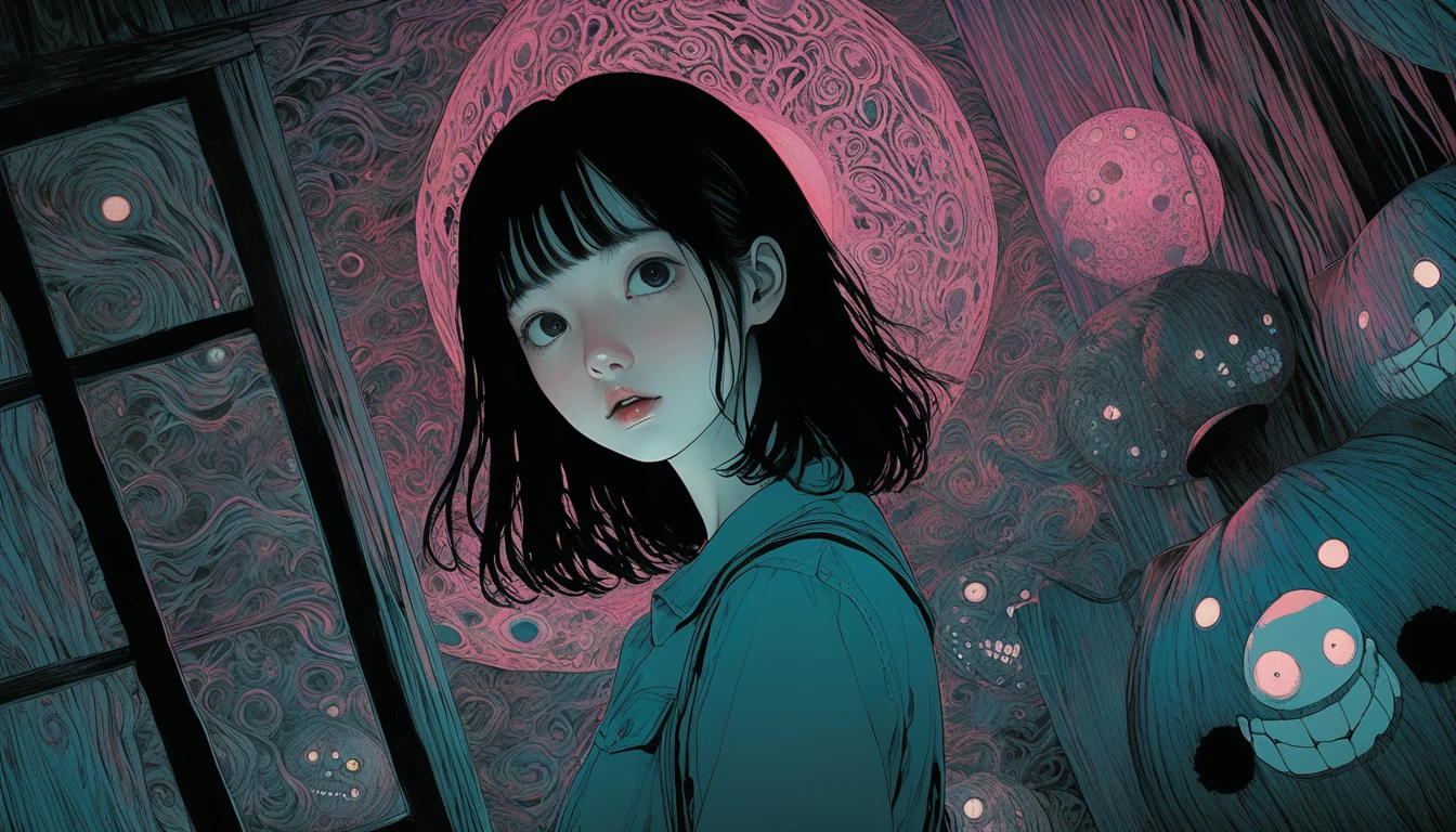 An illustration、art、Horror, Supervised by Junji Ito、Attention to detail, Realistic shadows、Analog Style, chromatic aberration, Surrealism、Late Night Song