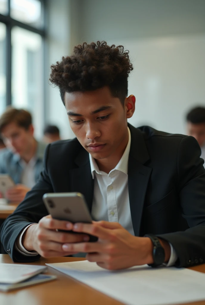 a very rich white Brazilian teenager playing with an iPhone 15 plus in the classroom