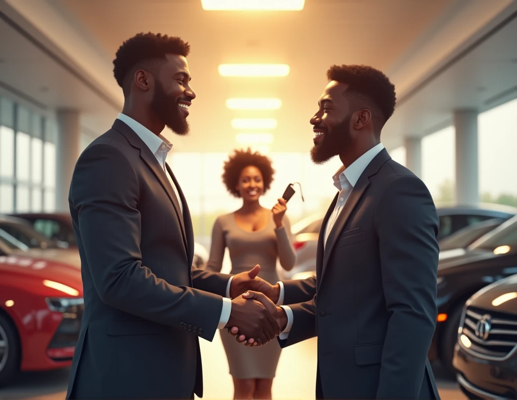 Image de deux homme afroamericain, qui se donne une poignet de main ferme avec une femme afroamericaine en arrière plan qui tient les clé d'une voiture dans une concession automobile