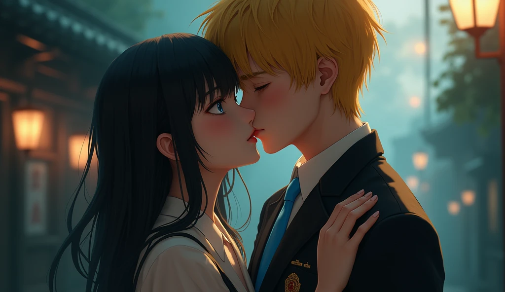 (32K:1.9, Realistic:1.9, Highest quality, masterpiece, Ultra-high resolution), Perfect dynamic composition:1.3, Highly detailed skin and facial textures:1.3, Cute sexy slim Japanese schoolgirl, ((Slimman, Height about 180cm)), (They both close their eyes, A man carries a woman in his arms:1.3, to kiss:1.4), Fair skin, ((Clarity:1.1)), (The guy has a great uniform:1.3, Bright yellow hair, beautiful目:1.3), (The woman is wearing a uniform with a light blue tie..:1.3, Straight black hair.:1.3, smile:0.9, A man completely charms a woman:0.9, beautiful Blue Eyes, beautiful, Clear Eyes:0.8), Sexy Face:0.4, blush:1.1, (beautifulエロティシズムを醸し出す雰囲気:0.8), Professional random camera work, Cinematic Lighting Effects, (Full Body Shot), (Too erotic), romantic, mysterious, Object of admiration, original, dramatic, artistic, Innovative, charm, Heartful, Fancy, Tilt, sense of loss, special, exciting, Extreme, sense of openness, joy, joyの表現, ((若さのcharm, 女性的なcharm))