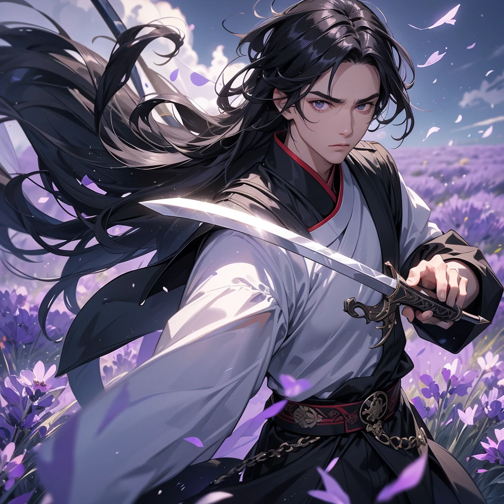 A Handsome black-hair male holding a large sword in black-white ancient general chinese, close up.

Stroll among the purple lavender fields , There are some floating clouds,

 

