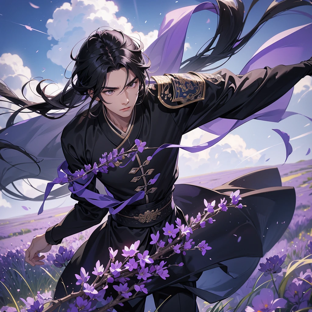 A Handsome black-hair male holding a large sword in black-white ancient general chinese, close up.

Stroll among the purple lavender fields , There are some floating clouds,

 
