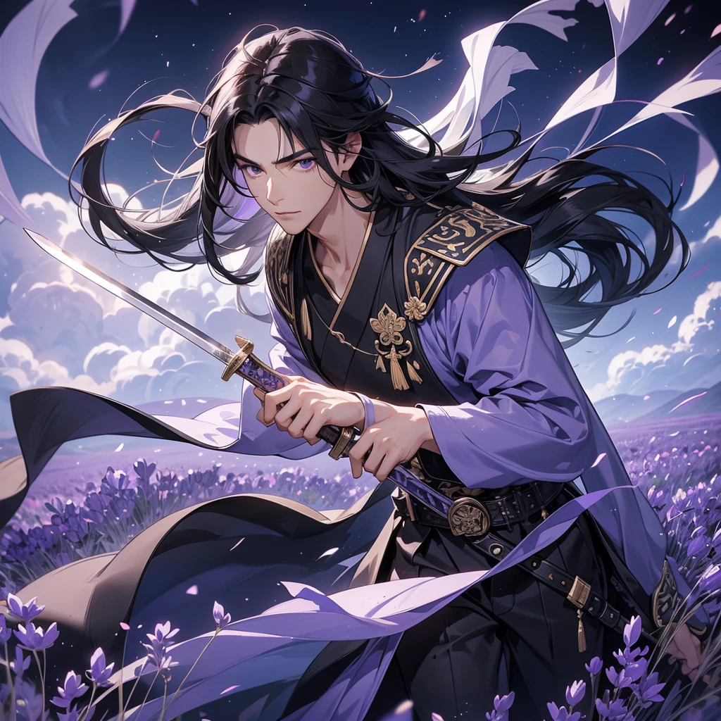 A Handsome black-hair male holding a large sword in black-white ancient general chinese, close up.
Stroll among the purple lavender fields , There are some floating clouds,
