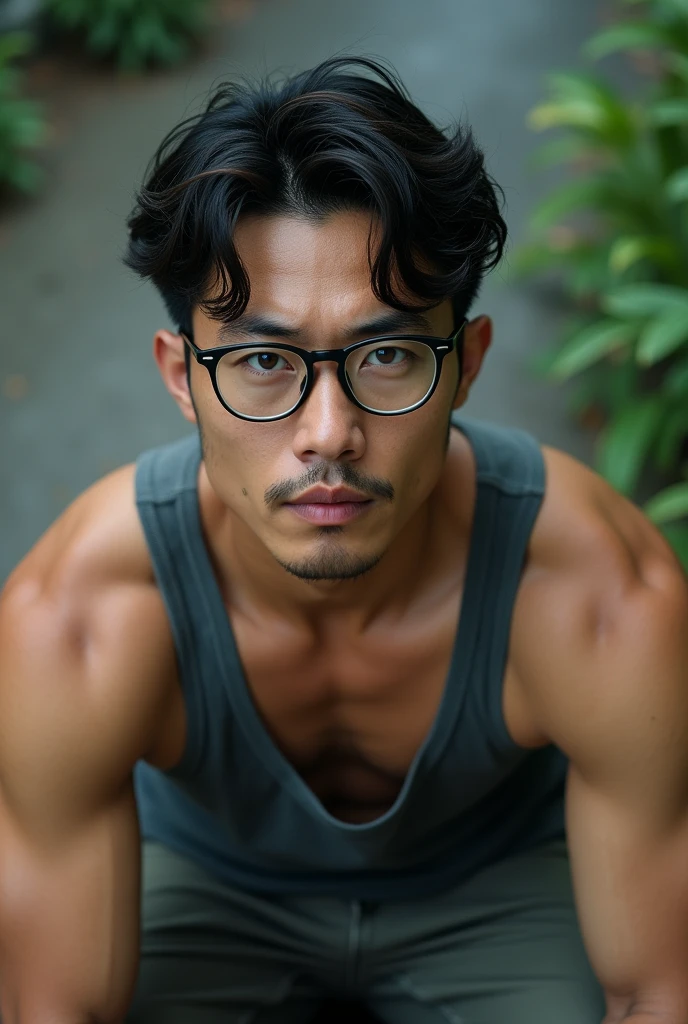 Highest quality,masterpiece,Ultra-high resolution,(Reality:1.4),Original photo,Cinema Lighting,One man,Upper Body,Moderate muscle,Wearing thin glasses,beautiful,The bones were strong.,Dignified,Simple clothes,natural,tall,Sitting,beautiful瞳,Deep-set eyelids,Eyes meet,Looking at me,Fair skin,Asian,Slightly curly hair,A man who seems to like books and cigarettes,Tank top,mysterious,Wet day