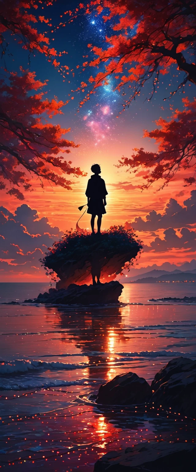 The image depicts the silhouette of a young man standing against a stunning sunset background. The sky changes from a deep red near the horizon to a deep blue as it ascends. The person appears to be enveloped in a series of tiny glowing fairy lights, some of which are illuminated, creating a stunning and captivating contrast to the dark silhouette. The person appears to be holding out one arm, perhaps adjusting to or interacting with the lights. The overall mood of the image is peaceful and magical.