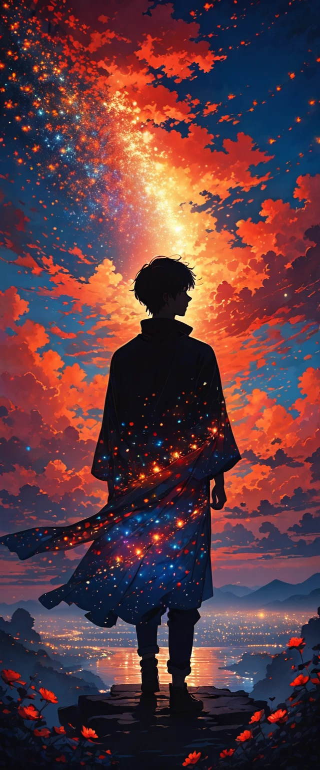 The image depicts the silhouette of a young man standing against a stunning sunset background. The sky changes from a deep red near the horizon to a deep blue as it ascends. The person appears to be enveloped in a series of tiny glowing fairy lights, some of which are illuminated, creating a stunning and captivating contrast to the dark silhouette. The person appears to be holding out one arm, perhaps adjusting to or interacting with the lights. The overall mood of the image is peaceful and magical.