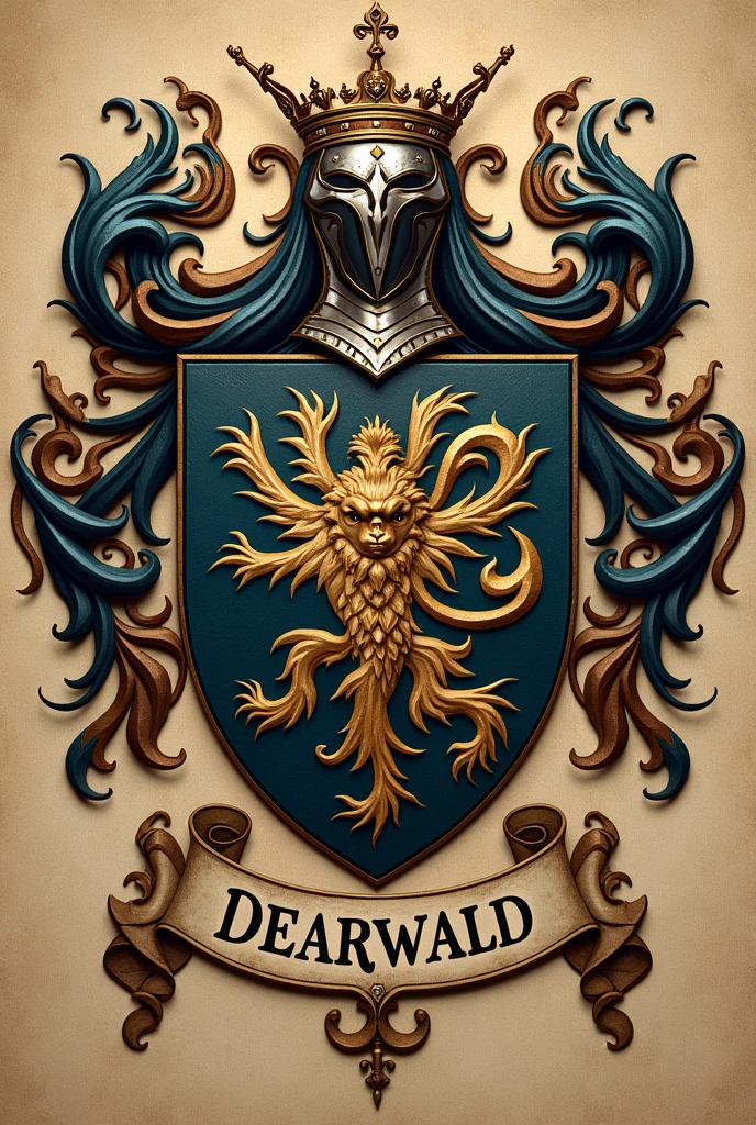 Créé un blason pour la dynastie Dearwald. C'est une puissante famille de sorciers composés d'intellectuels nés au Royaume-Uni. Ils possèdent également le titre de comte du Norfolk. Le nom Dearwald doit apparaître sous le blason dans une banderole. Pas de visage humain sur le blason.