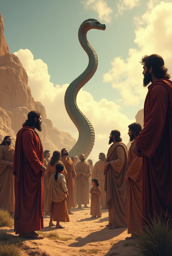 People of Israel contemplating the serpent&#39;s horn that Moses had 
 