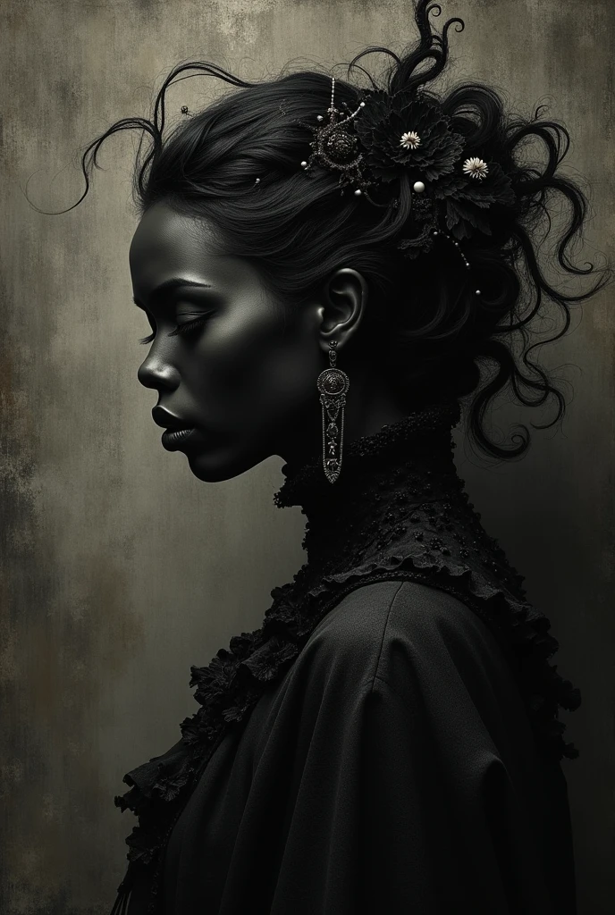 paint, illustration, surreal art, dreamlike, mysterious, provocative, Symbolic, complex, detailed, (estilo Gothic,:1.4), (masterpiece, of the highest quality:1.4) , Gustav Doré style, Johann Heinrich Füssli, John the Baptist Piranesi, beautiful black woman, detail textures,, Dark, Gothic, all black,