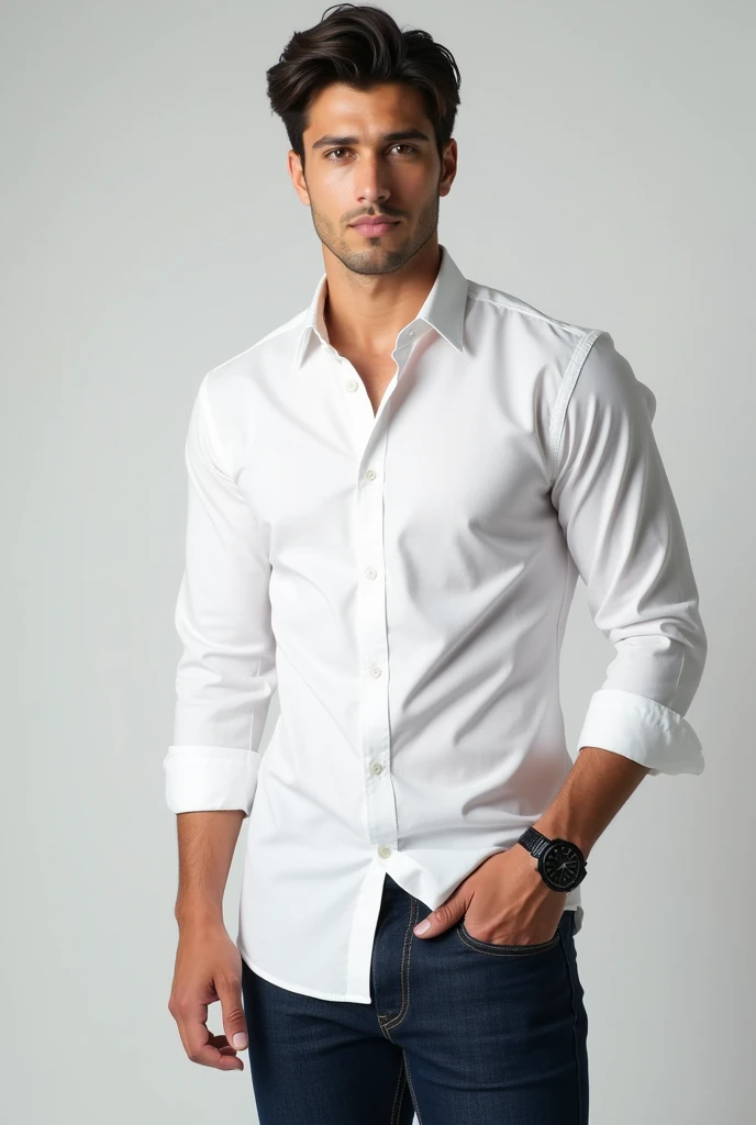 A rich boy who looks very handsome 0 full image clothe colour blue jeans white shirt and black luxury watch in hand the boy is looking the other way 