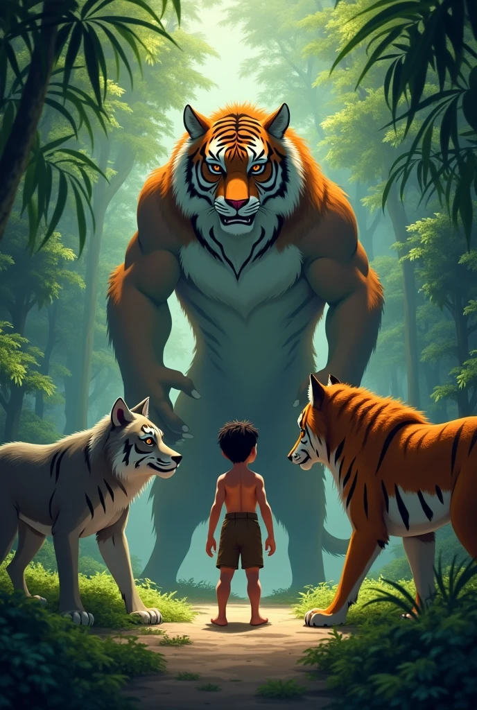 Mowgli stands anxiously between Shere Khan and the wolves, trying to calm both sides. The wolves are positioned on one side, showing concern and protective instincts, while Shere Khan looms on the other side with a menacing glare. The background features dense jungle foliage to set the scene.
