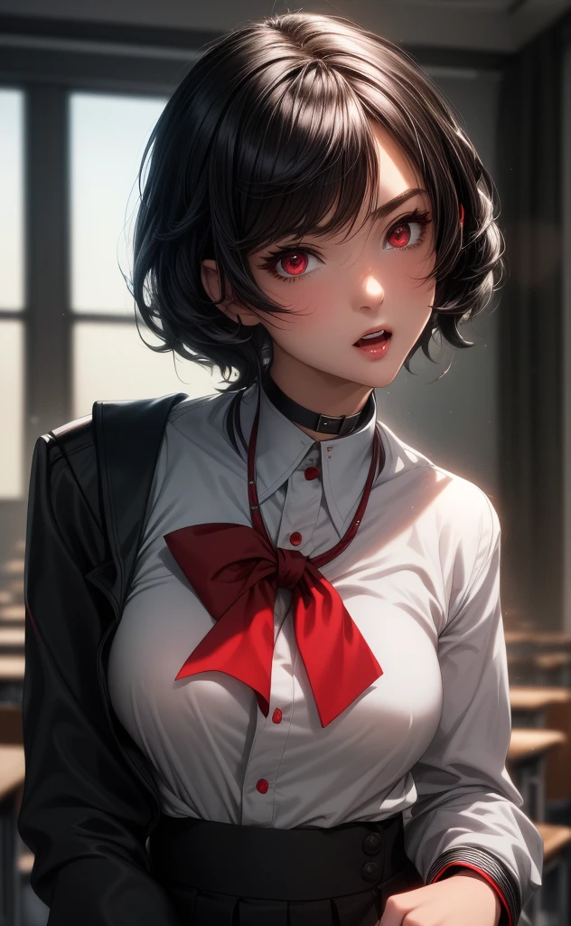 (masterpiece,best quality,ultra_detailed,highres,absurdres),Feminine male, black wolfcut hair, school uniform, classroom, handsome, snow white skin, red eyes, fangs (looking  away:1.2)