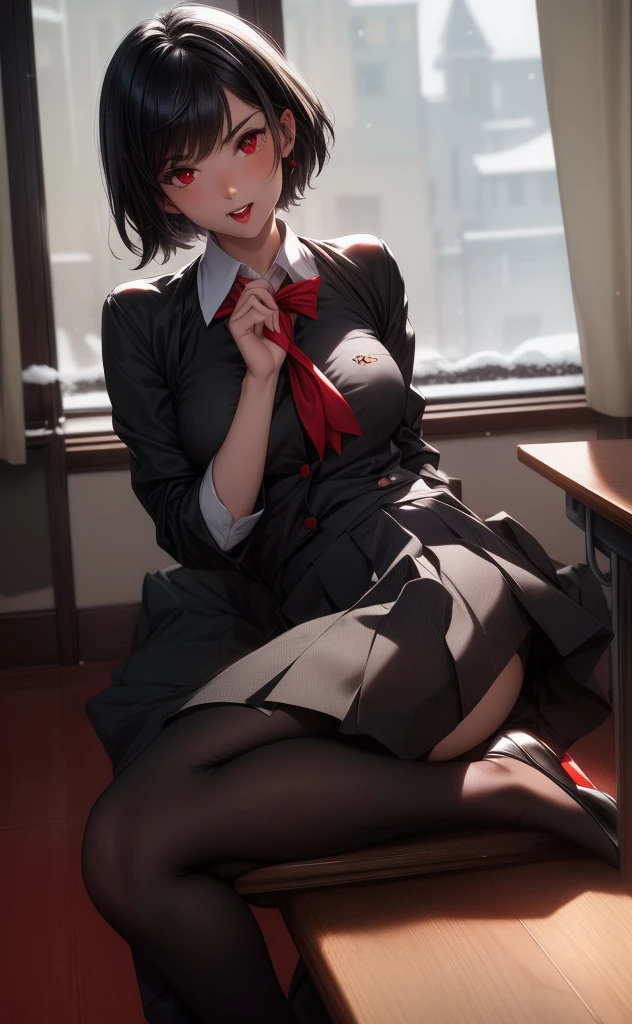 (masterpiece,best quality,ultra_detailed,highres,absurdres),Feminine male, black wolfcut hair, school uniform, classroom, handsome, snow white skin, red eyes, fangs (looking away:1.2)
