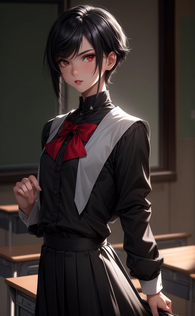(masterpiece,best quality,ultra_detailed,highres,absurdres),Feminine male, black wolfcut hair, school uniform, classroom, handsome, snow white skin, red eyes, fangs (looking  away:1.2)
