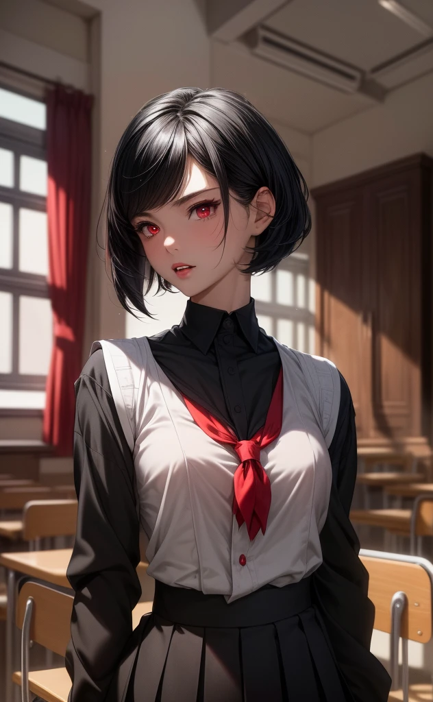 (masterpiece,best quality,ultra_detailed,highres,absurdres),Feminine male, black wolfcut hair, school uniform, classroom, handsome, snow white skin, red eyes, fangs (looking  away:1.2)