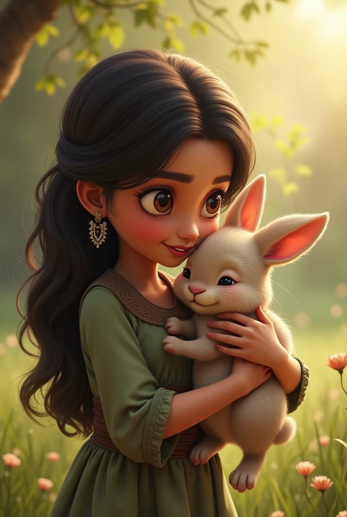 Meera gently lifting the scared rabbit into her arms, speaking soothing words. The rabbit begins to relax, feeling comforted by her warm embrace