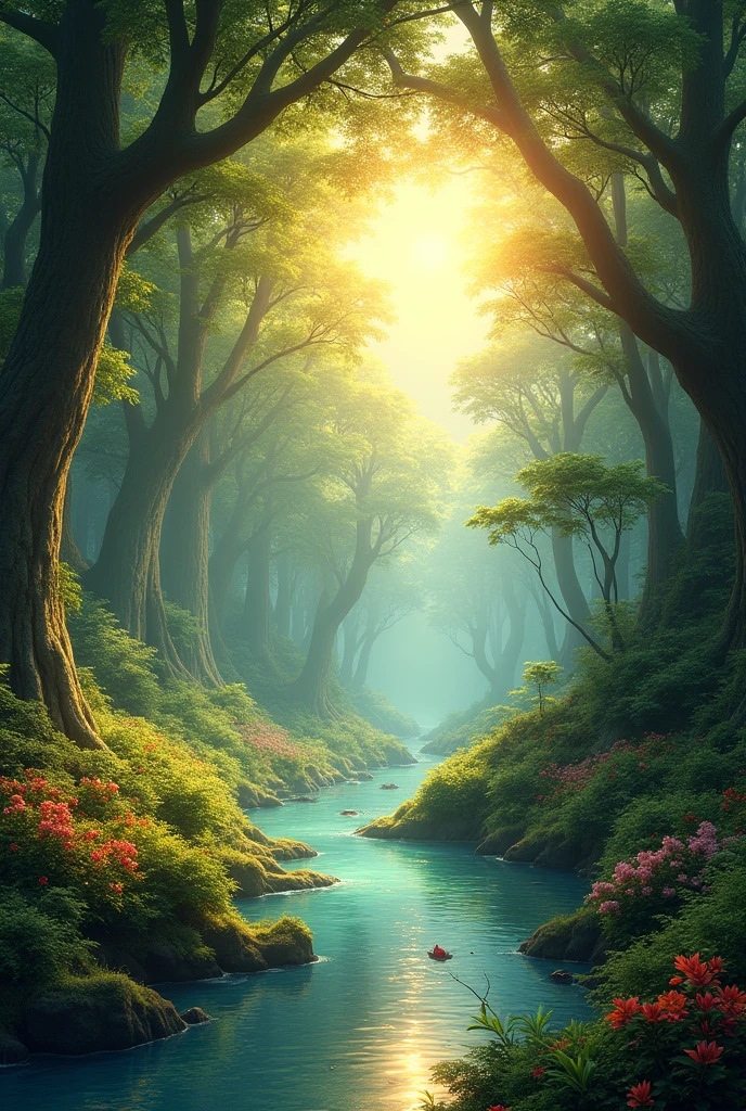 Beautiful forest with river and sun 