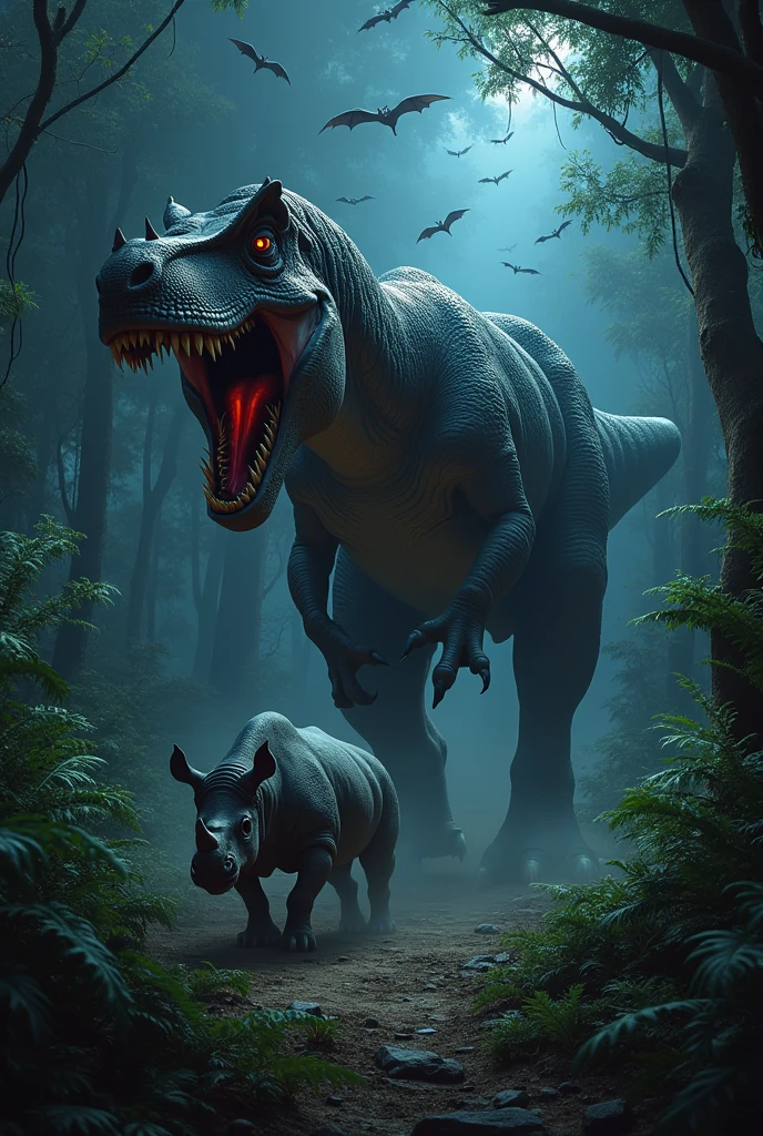 frightful Tiranossauro Rex perseguindo um rinoceronte na floresta africana de noite. Bats flying. Terror. frightful. fear.
