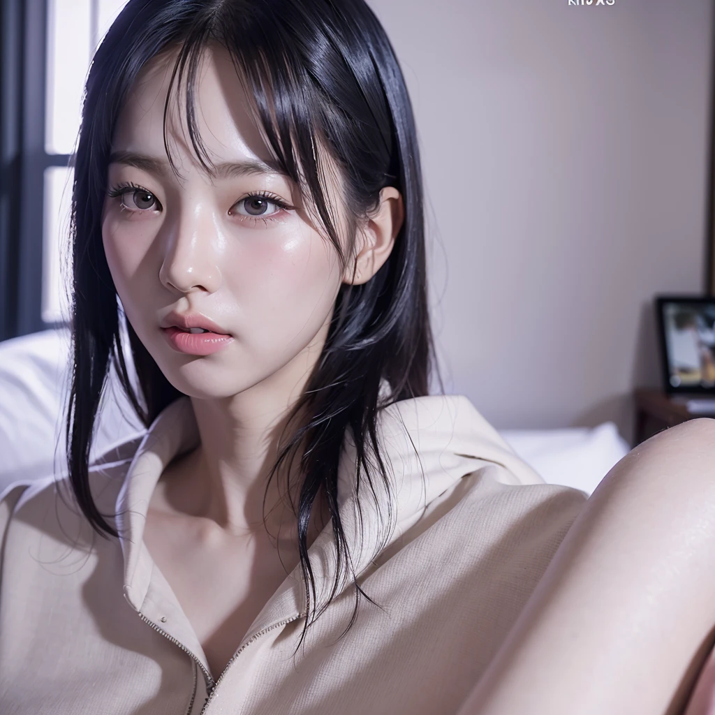 a solo Korean girl in a student uniform sitting in a bedroom, beautiful detailed eyes, beautiful detailed lips, extremely detailed face, long eyelashes, detailed school uniform, sitting pose, bedroom interior, warm lighting, cinematic lighting, soft colors, detailed textures, (best quality, 4k, 8k, highres, masterpiece:1.2), ultra-detailed, (realistic, photorealistic, photo-realistic:1.37), digital painting, highly detailed, intricate details