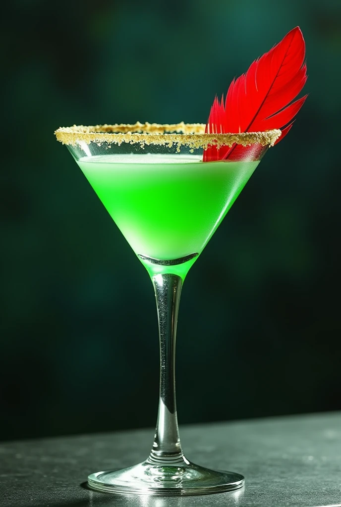 crie um drink do peter pan, it would be mint and lemon, It would be green with a red feather as decoration and sugar edges to represent magic dust, PICTURE REALISTIC, in a dry martini glass
