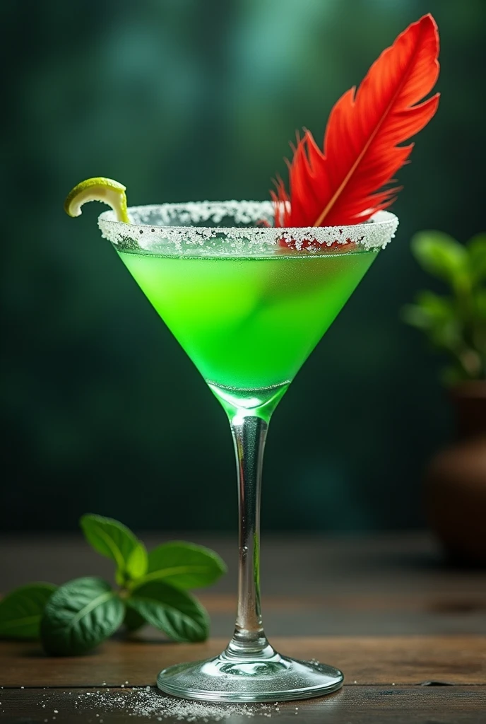 crie um drink do peter pan, it would be mint and lemon, It would be green with a red feather as decoration and sugar edges to represent magic dust, PICTURE REALISTIC, in a dry martini glass