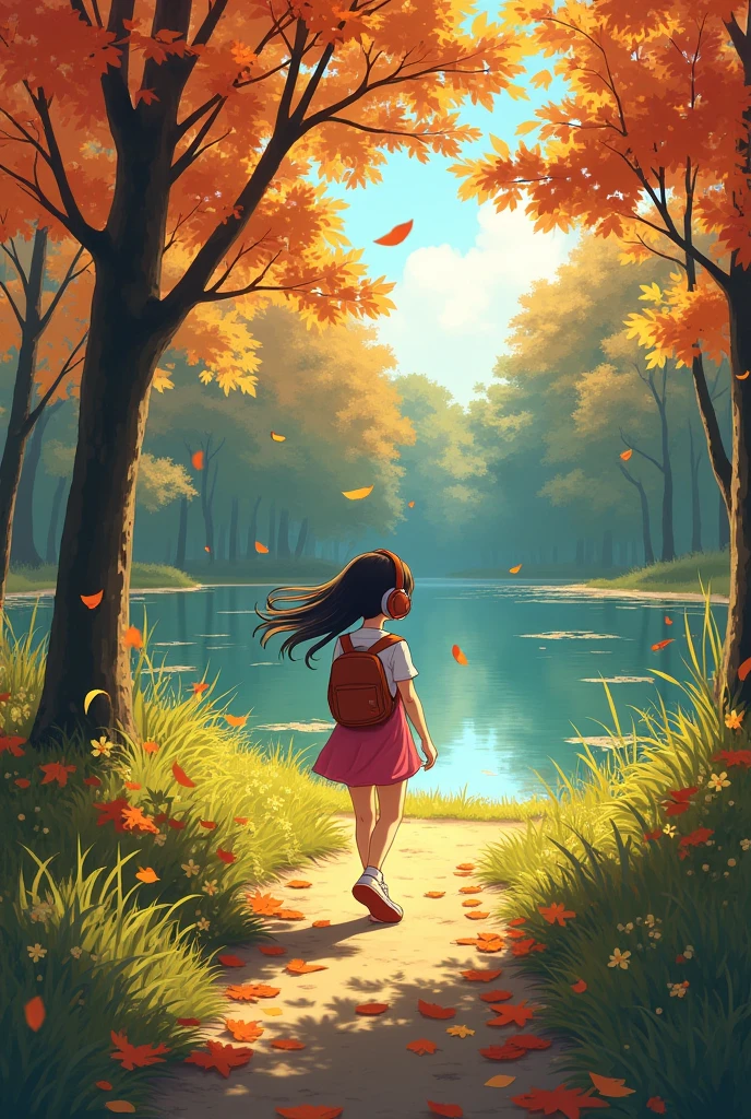 Girl walking on the grass,In the woods wearing headphones, near the lake. autumn. autumn. Adrian Jeanie style, Try Andrews, Aesthetics 90s Anime.