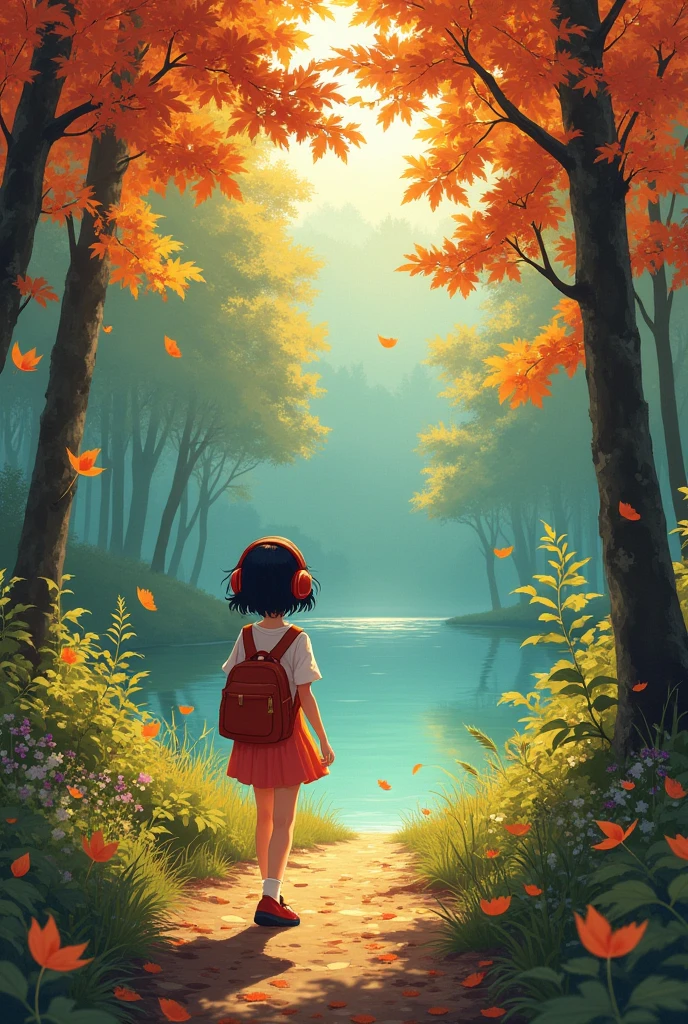 Girl walking on the grass,In the woods wearing headphones, near the lake. autumn. autumn. Adrian Jeanie style, Try Andrews, Aesthetics 90s Anime.