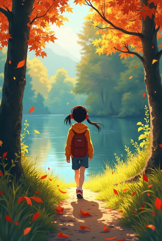 Girl walking on the grass,In the woods wearing headphones, near the lake. autumn. autumn. Adrian Jeanie style, Try Andrews, Aesthetics 90s Anime.