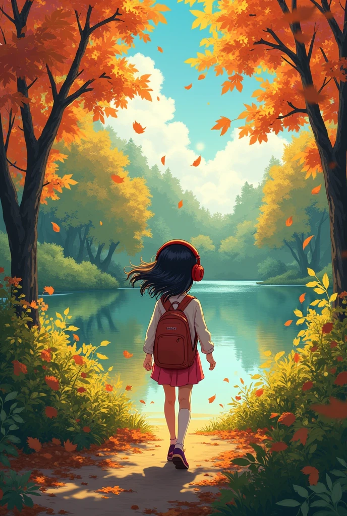 Girl walking on the grass,In the woods wearing headphones, near the lake. autumn. autumn. Adrian Jeanie style, Try Andrews, Aesthetics 90s Anime.