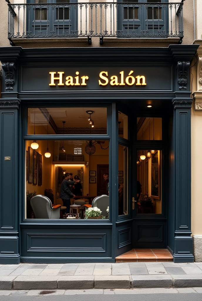 Drawing of the facade of a medium-sized hair salon in vintage style with a sign that says hair salon in Spanish. The facade should be elegant and classic in a dark color., window where you can see the chairs and mirror on the inside.

