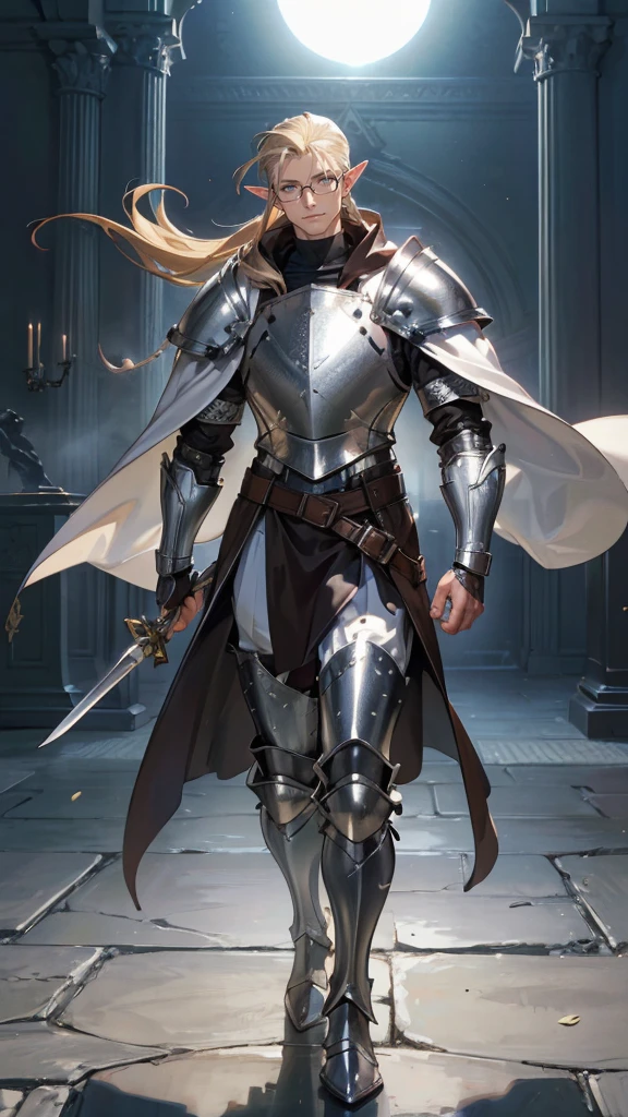 (((((male))))), masterpiece, ultra detailed, 8K Portrait, Raw photo, man's portrait photography, Highly detailed face, beautiful and meticulous eyes, ((Fantasy)), 3 (((man))), (((Male body))), elf, 190 cm, tall, Glasses, ((Blonde)) Ponytail (((slick back hair))), Kind face, Smile, adventurer, Hooded (((Dark brown silk long cloak))) Fluttering in the wind, (((Male White Plate Armor))), Leather boots, Holding a long magic sword, Midday Sun, Hyper realistic, Strong body, Long legs, in a castle, Ambient lighting, Shadow details , Camera focus on face, strong breeze, Light fog