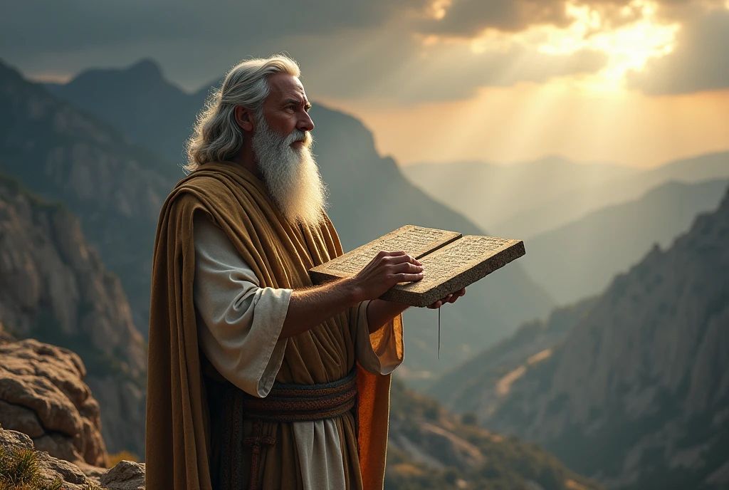 "A dramatic scene high on a rocky mountain, with Moses prominently featured. He is standing with a long beard and white hair, wearing ancient , while holding two large stone tablets. The sky in the background is stormy, with clouds lights and rays, suggesting a divine moment. Moses is engraving the Ten Commandments on the tablets, with an expression of reverence and concentration.