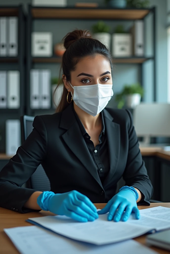 An image of someone wearing a mask and gloves in an office with a computer and files. Put the image with a beautiful best Latina