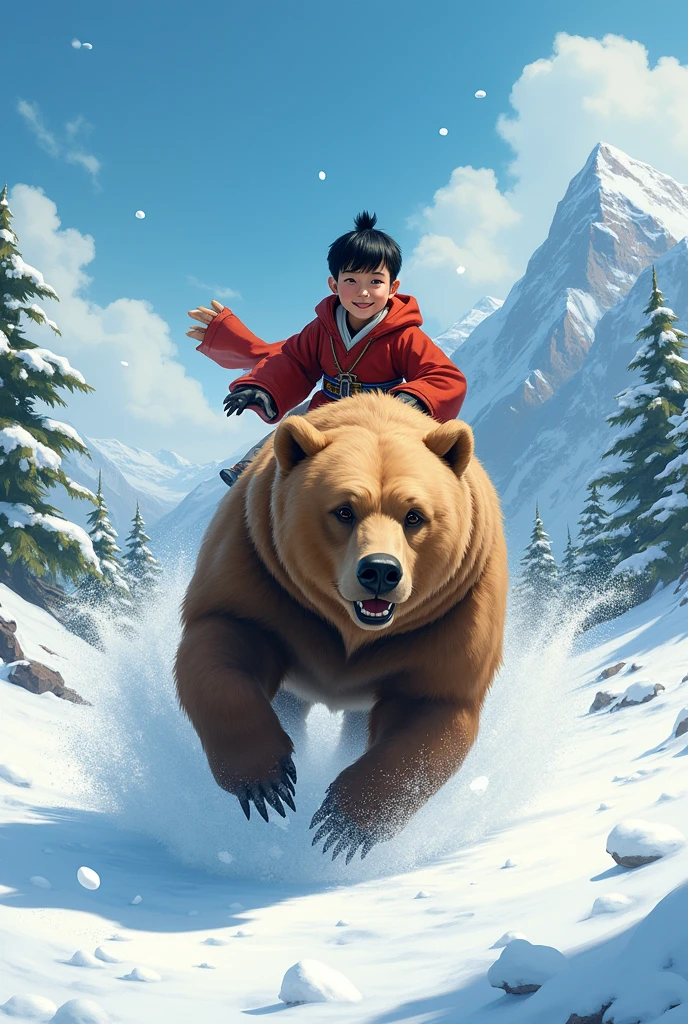 Black not too chubby boy \(low black hair cut, Ainu folk costume, smiling\) sitting on a big brown bear running at great speed through the wilderness\(snowy mountains\) of Hokkaido,dynamic camera angle, powerful composition, concentrated lines, scattered snow,great land scape