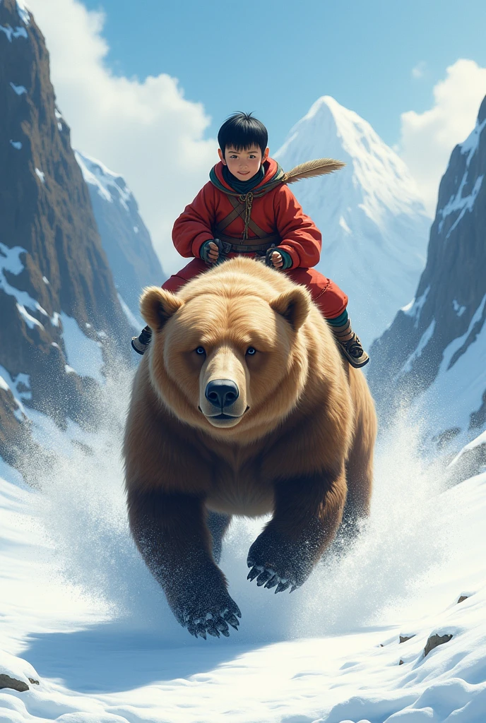 Black not too chubby boy \(low black hair cut, Ainu folk costume, smiling\) sitting on a big brown bear running at great speed through the wilderness\(snowy mountains\) of Hokkaido,dynamic camera angle, powerful composition, concentrated lines, scattered snow,great land scape