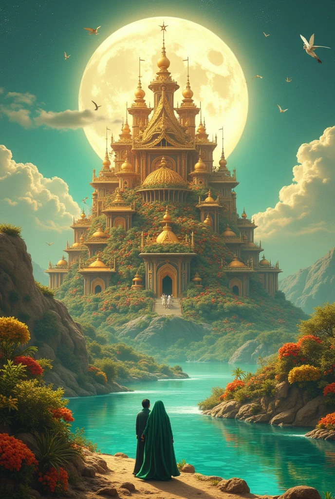 Extremely big Heaven Palace in a big area made of fruits and in front of this palace a flying horse besides it . And a full moon is giving light small angels are walking around . And in front of this palace a river of fresh water is flowing . And this palace is on fresh water where it's shadow is clear . Heaven man standing with her partner in front of this River but his face and hair is in hijab and the color of hijab is green