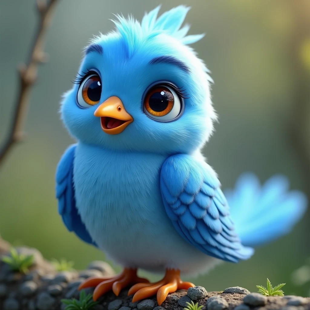 Animated HD image of a female bird with blue soft feathers, cute face and beautiful