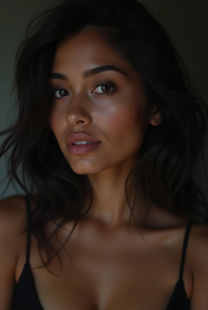 Woman with rounded forehead, thick upper lip, drooping cheekbones, sunken cheeks, face with relaxed tits, inverted nipples, dark skin, Latina, age 22, fine hair 