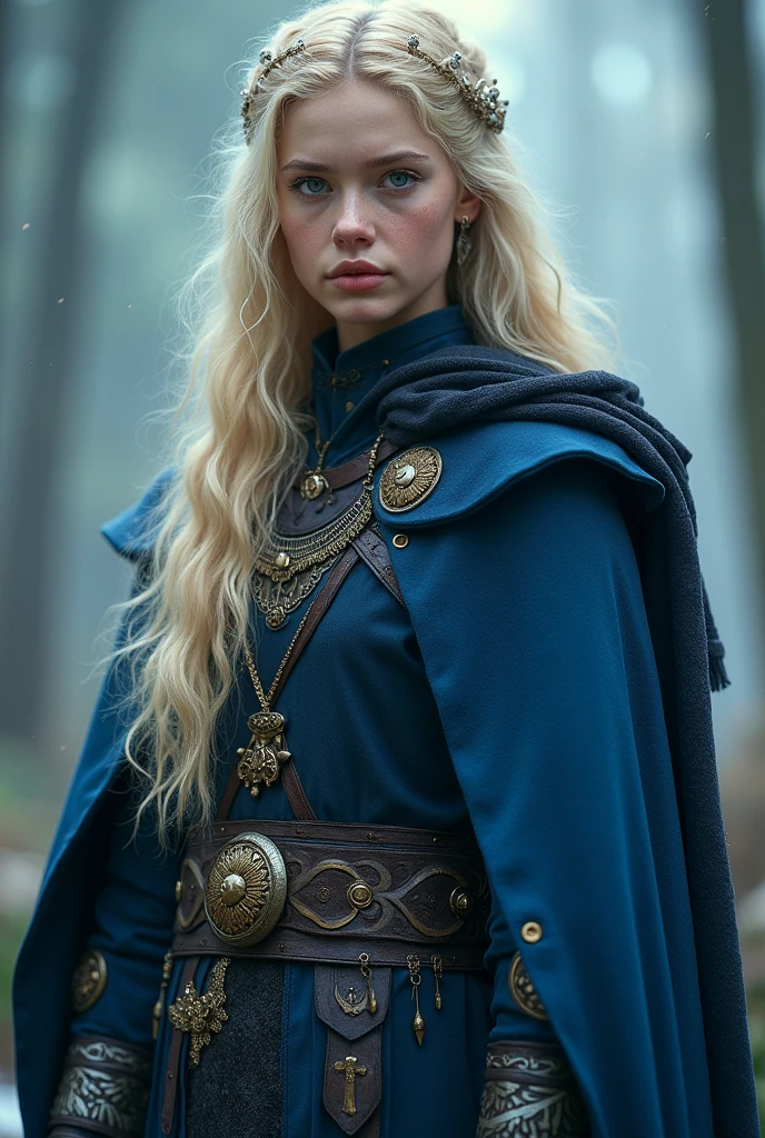 Boy around 18, ((( blue + black outfit) Norse warriors clothes,long blond hair, detailed face, detailed  blue beautiful eyes, traditional Norse outfit, full body photo (intricate:1.3), (arcane aura:1.2), (dreamlike:1.3), (subtle mist:1.1),(vibrant colors:1.2), (detailed hair:1.3), (ultra realistic details:1.5)