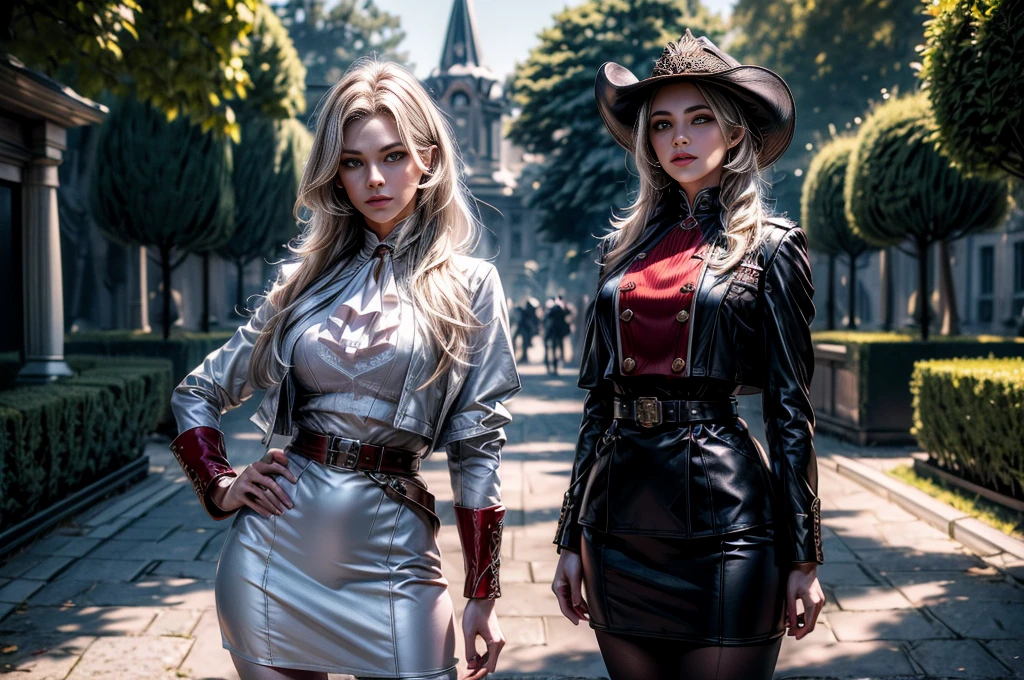 masterpiece,best quality, masterpiece, high detail,detailed face,detailed eyes,rendered eyes,perfect eyes,hip lines,crisp image,detailed,amazing,8k,8k wallpaper,8k background,high detailed skin,high res, (((cowboy shot))), solo, 1girl,looking at viewer,WillowSchnee, . Her attire consists of a white cravat secured by a silver brooch set with a red stone, as well as a light mauve jacket with light sleeves, a wide belt around her waist, a matching pencil skirt with black tights and slippers. serious expression, (standing with military officer), outside stately mansion, sunny afternoon, sculpture at center of hedge maze, holding wine glass, servants and security detail standing by, (volumetric lighting), sharp focus, hyper detailed