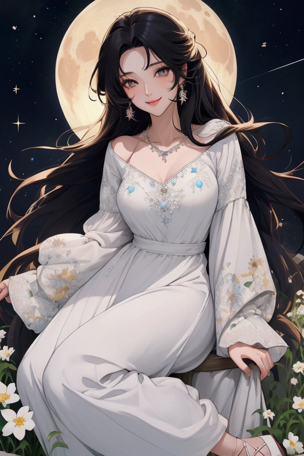 (masterpiece、Highest quality、8k、High resolution)、1 female、(Beautiful Face、Beautiful Face)、Beautiful eyes with slit length、Cute lips、Beautiful Nose、Brownish black hair、smile、(Best anime girl)、Grassland with a forest view、Walking,Colorful flowers blooming in the field,A bright night with the stars clearly visible、full moon、milky way、Mysterious light particles from the whole body、Colorful light particles、A mysterious light shining around your head、melt、jewelry、necklace、White lace dress、(Beautiful full body style)、Highly detailed anime art、A complete portrayal、