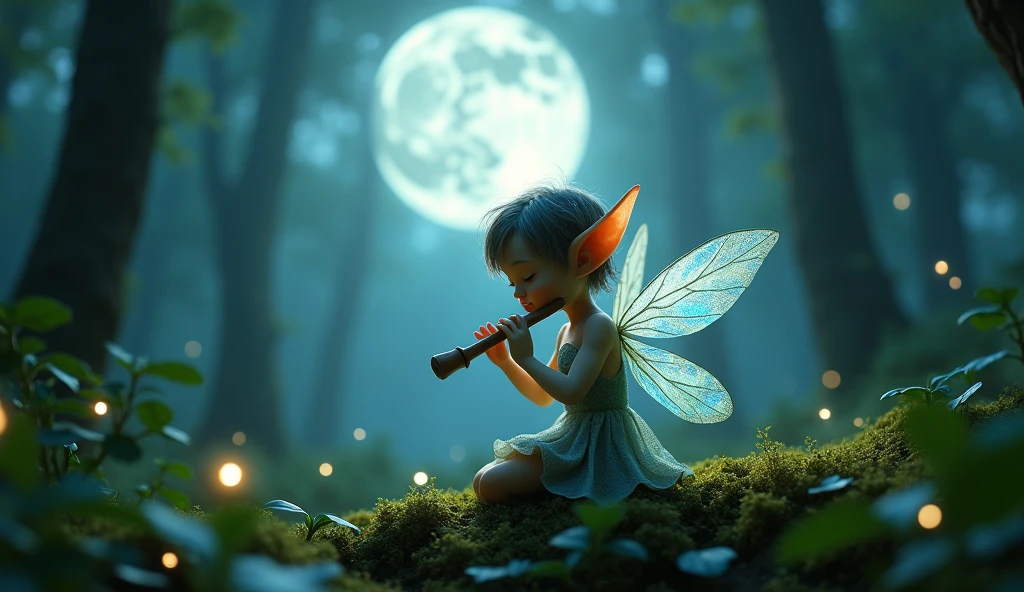 A tiny-bodied fairy with transparent wings and delicate elf ears, playing a flute in the heart of a mystical forest at night. The full moon looms large and bright above, casting a soft, ethereal glow. The 4K resolution captures every detail of the fairy’s intricate wings and the shimmering leaves. The camera gently circles around the fairy, enhancing the dreamlike atmosphere