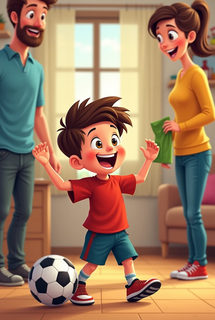 Cartoon of a boy asking his parents for football kits