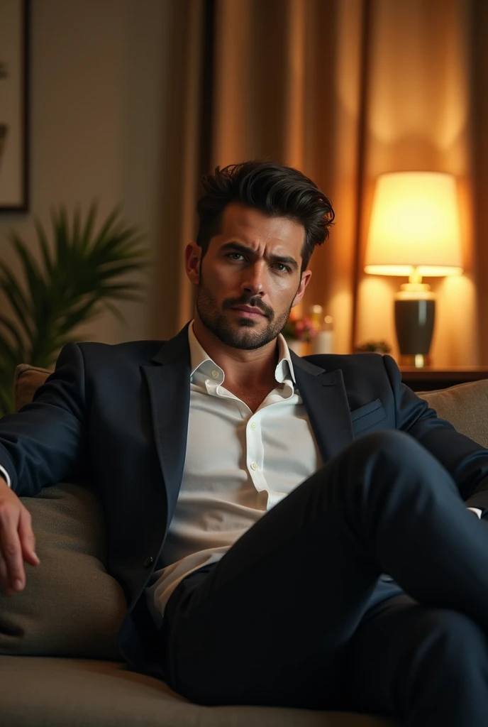 Handsome mature tall muscular male sitting on the couch with suit on, age of 30, dark short hairs, dark green eyes, bathed in warm light in the room.